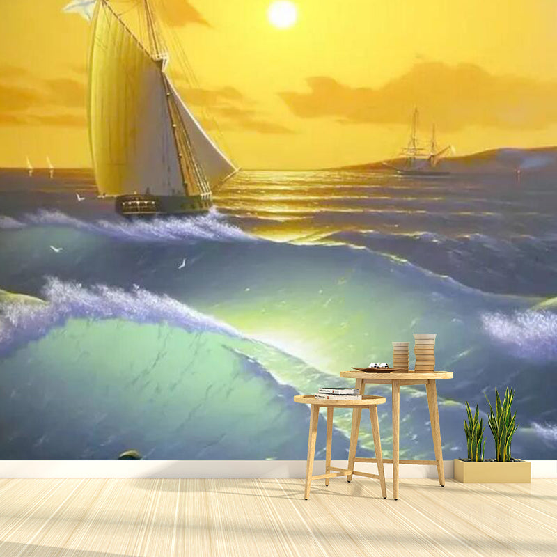 Whole Boat and Sunset Mural in Yellow and Green Non-Woven Fabric Wall Covering for Home, Made to Measure Yellow-Green Clearhalo 'Wall Decor' 'Wall Mural' 1114469