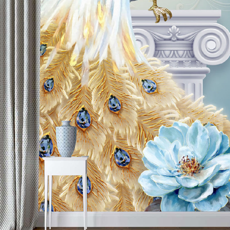 Aesthetic Peacock and Blossom Mural for Gallery Decor, Custom-Made Wall Art in Blue and Brown Clearhalo 'Wall Decor' 'Wall Mural' 1114496