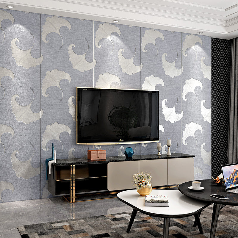 Nordic Ginkgo Wall Covering in Natural Color Guest Room Decorative Flock Wallpaper, 28"W x 31'L Grey Clearhalo 'Modern wall decor' 'Modern' 'Wallpaper' Wall Decor' 1116459