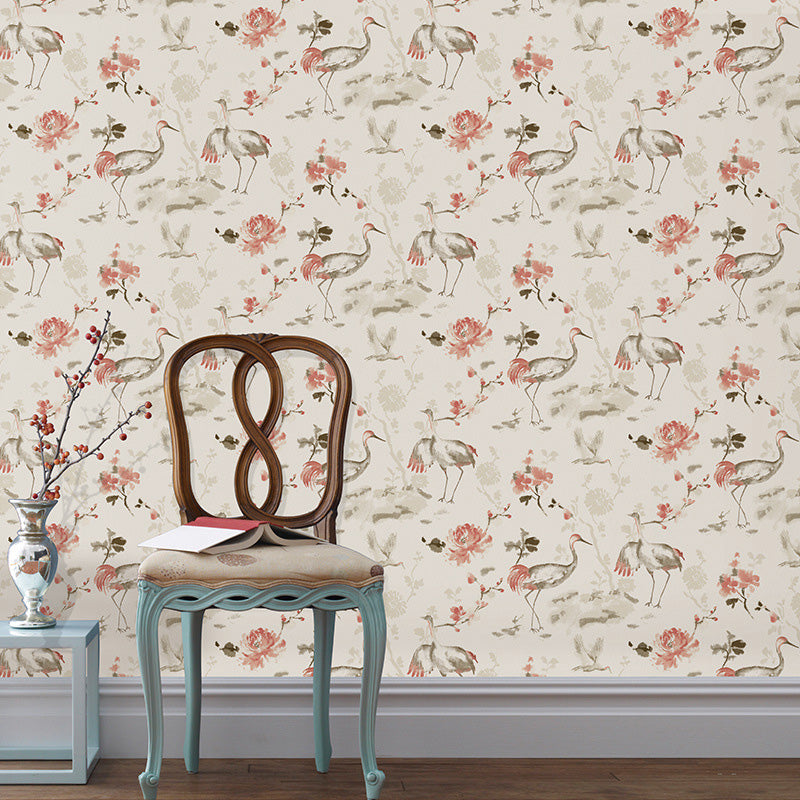 Rural Bird and Flower Wallpaper Roll for Home, 33' x 20.5" Wall Covering in Natural Color Cream Gray Clearhalo 'Country wall decor' 'Rustic' 'Wallpaper' Wall Decor' 1116627