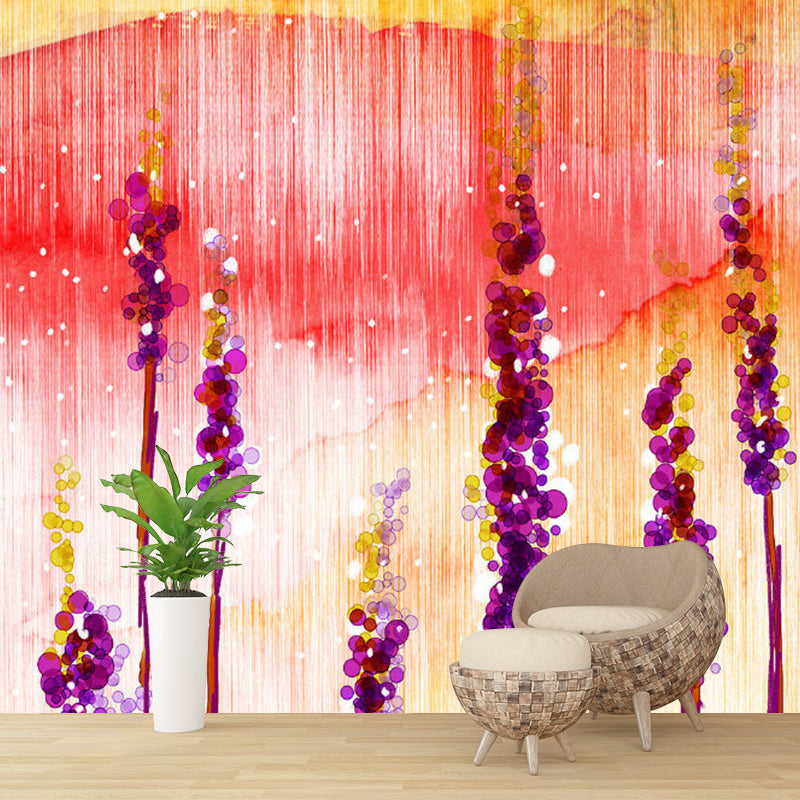 Big Flower and Mountain Mural for Girl Branch Wall Decor in Pink and Yellow, Moisture-Resistant Clearhalo 'Wall Decor' 'Wall Mural' 1120665