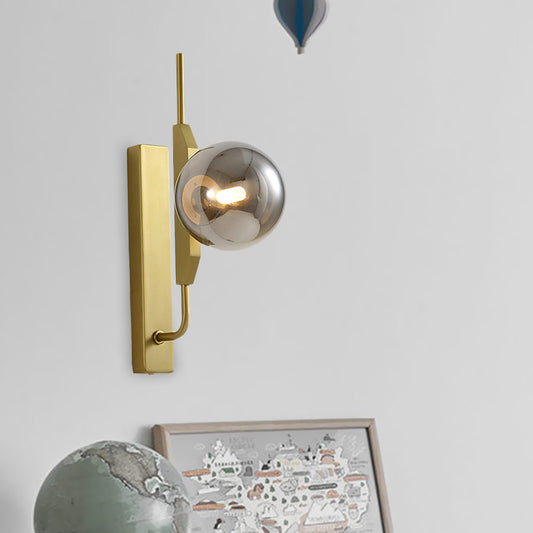 White/Amber/Smoke Gray Glass Orb Wall Light Fixture Postmodern 1 Bulb Gold Wall Sconce for Bedroom Smoke Gray Clearhalo 'Cast Iron' 'Glass' 'Industrial' 'Modern wall lights' 'Modern' 'Tiffany' 'Traditional wall lights' 'Wall Lamps & Sconces' 'Wall Lights' Lighting' 1120984