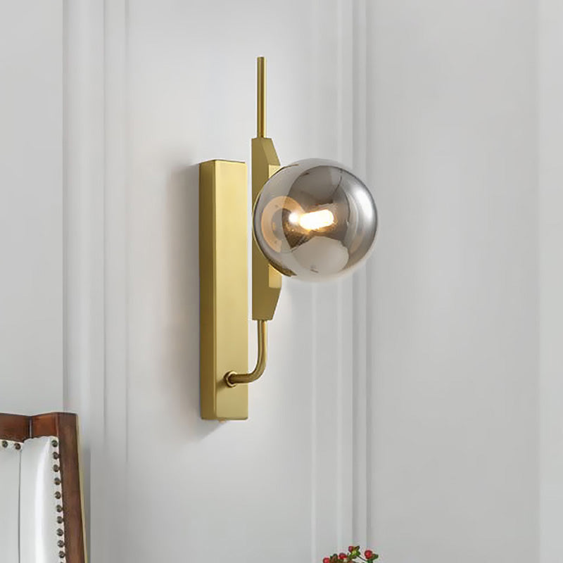 White/Amber/Smoke Gray Glass Orb Wall Light Fixture Postmodern 1 Bulb Gold Wall Sconce for Bedroom Clearhalo 'Cast Iron' 'Glass' 'Industrial' 'Modern wall lights' 'Modern' 'Tiffany' 'Traditional wall lights' 'Wall Lamps & Sconces' 'Wall Lights' Lighting' 1120985