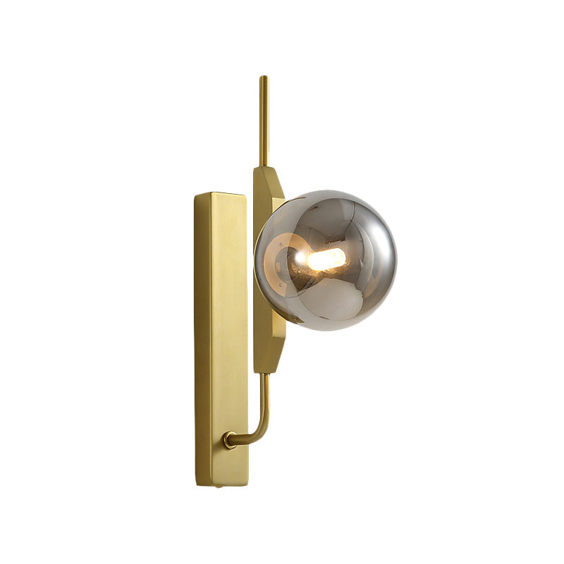 White/Amber/Smoke Gray Glass Orb Wall Light Fixture Postmodern 1 Bulb Gold Wall Sconce for Bedroom Clearhalo 'Cast Iron' 'Glass' 'Industrial' 'Modern wall lights' 'Modern' 'Tiffany' 'Traditional wall lights' 'Wall Lamps & Sconces' 'Wall Lights' Lighting' 1120986
