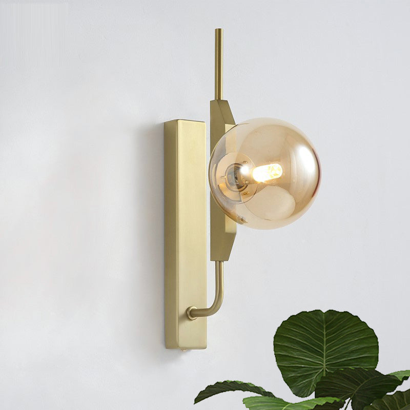 White/Amber/Smoke Gray Glass Orb Wall Light Fixture Postmodern 1 Bulb Gold Wall Sconce for Bedroom Amber Clearhalo 'Cast Iron' 'Glass' 'Industrial' 'Modern wall lights' 'Modern' 'Tiffany' 'Traditional wall lights' 'Wall Lamps & Sconces' 'Wall Lights' Lighting' 1120988