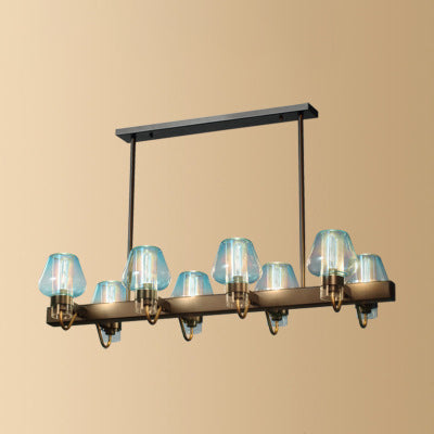 Cone Island Lighting Modernist Clear/Amber/Smoke Glass 6/8 Lights Black/Brass Ceiling Pendant Lamp with Linear Design 8 Blue Clearhalo 'Ceiling Lights' 'Island Lights' Lighting' 112222