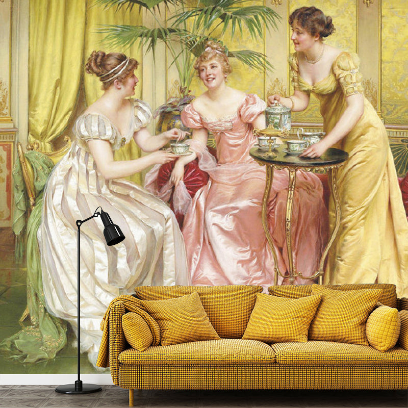 Vintage Fairy Lady Wall Mural in Pink and Yellow Living Room Wall Covering, Made to Measure Pink-Yellow Clearhalo 'Wall Decor' 'Wall Mural' 1122409