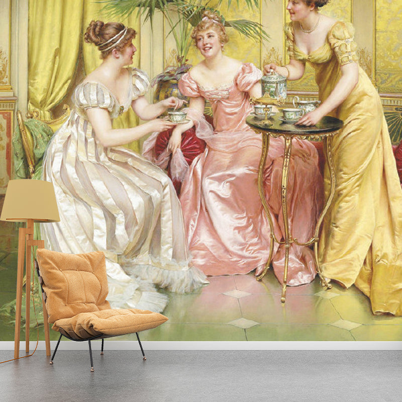 Vintage Fairy Lady Wall Mural in Pink and Yellow Living Room Wall Covering, Made to Measure Clearhalo 'Wall Decor' 'Wall Mural' 1122410