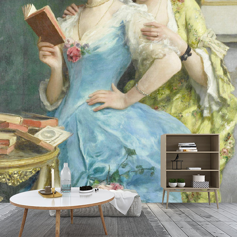 Blue and Yellow Mid-Century Mural Wallpaper Custom-Printed Lady Wall Decor for Fireplace Clearhalo 'Wall Decor' 'Wall Mural' 1122489