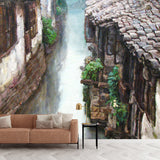 Big Illustration Traditional Mural Wallpaper for Living Room with Peaceful Town Design in Grey and Green Clearhalo 'Wall Decor' 'Wall Mural' 1122550