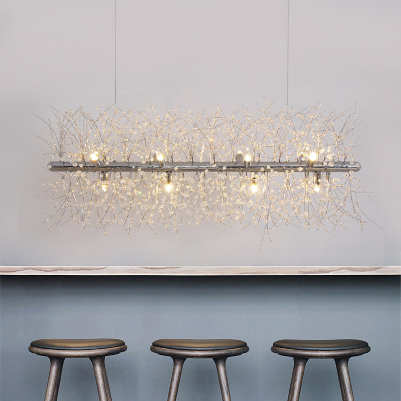 Branch Island Pendant Light Modernist Metallic 27.5"/35.5" W Multi Light Silver Hanging Lamp with Crystal Bead Deco Silver Clearhalo 'Ceiling Lights' 'Island Lights' Lighting' 112259