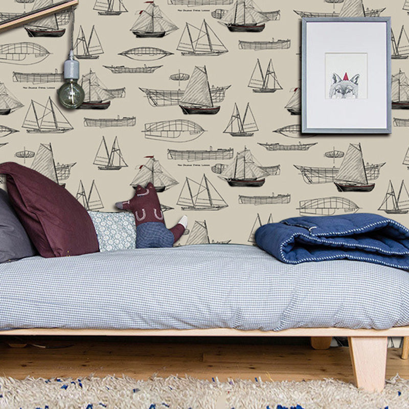 20.5" x 33' Sea Wallpaper Roll for Children Cartoon Sailing Boats Wall Decor in Soft Color, Stain-Resistant Khaki Clearhalo 'Wall Decor' 'Wallpaper' 1122768