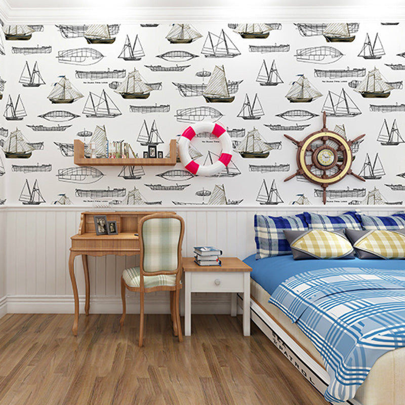 20.5" x 33' Sea Wallpaper Roll for Children Cartoon Sailing Boats Wall Decor in Soft Color, Stain-Resistant White Clearhalo 'Wall Decor' 'Wallpaper' 1122772