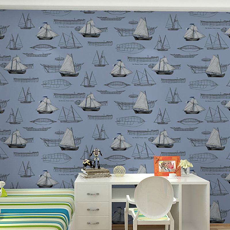 20.5" x 33' Sea Wallpaper Roll for Children Cartoon Sailing Boats Wall Decor in Soft Color, Stain-Resistant Ocean Blue Clearhalo 'Wall Decor' 'Wallpaper' 1122776