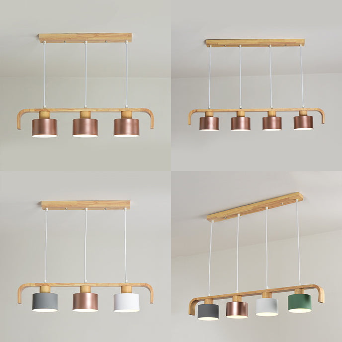 Rose Gold/Multicolored Drum Island Lighting 3/4 Head Post Modern Wood Hanging Chandelier over Dining Table Clearhalo 'Ceiling Lights' 'Island Lights' Lighting' 112459