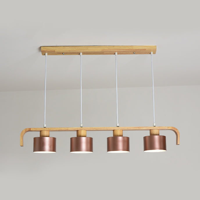 Rose Gold/Multicolored Drum Island Lighting 3/4 Head Post Modern Wood Hanging Chandelier over Dining Table 4 Rose Gold Clearhalo 'Ceiling Lights' 'Island Lights' Lighting' 112460