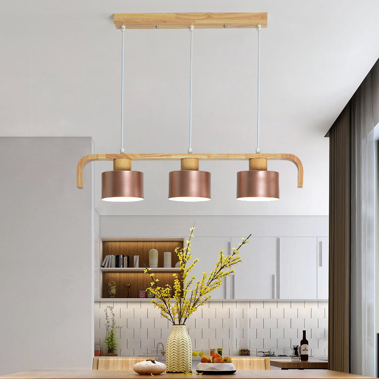 Rose Gold/Multicolored Drum Island Lighting 3/4 Head Post Modern Wood Hanging Chandelier over Dining Table Clearhalo 'Ceiling Lights' 'Island Lights' Lighting' 112461