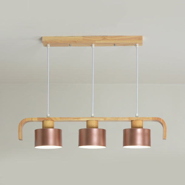 Rose Gold/Multicolored Drum Island Lighting 3/4 Head Post Modern Wood Hanging Chandelier over Dining Table 3 Rose Gold Clearhalo 'Ceiling Lights' 'Island Lights' Lighting' 112462