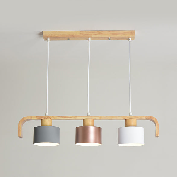 Rose Gold/Multicolored Drum Island Lighting 3/4 Head Post Modern Wood Hanging Chandelier over Dining Table 3 Grey-Gold-White Clearhalo 'Ceiling Lights' 'Island Lights' Lighting' 112463