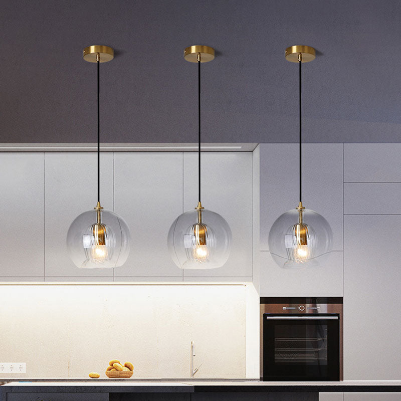 Globe Double Shade Hanging Light Simple Clear Glass 1 Bulb Dining Room Pendant in Gold, 6"/8" Wide Gold Clearhalo 'Ceiling Lights' 'Modern Pendants' 'Modern' 'Pendant Lights' 'Pendants' Lighting' 1125149