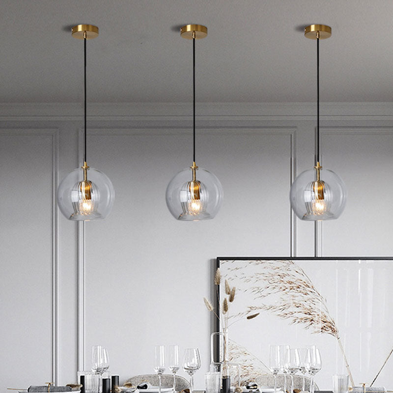 Globe Double Shade Hanging Light Simple Clear Glass 1 Bulb Dining Room Pendant in Gold, 6"/8" Wide Clearhalo 'Ceiling Lights' 'Modern Pendants' 'Modern' 'Pendant Lights' 'Pendants' Lighting' 1125150