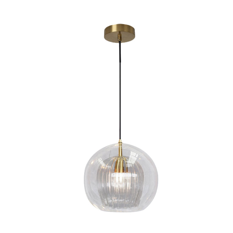 Globe Double Shade Hanging Light Simple Clear Glass 1 Bulb Dining Room Pendant in Gold, 6"/8" Wide Clearhalo 'Ceiling Lights' 'Modern Pendants' 'Modern' 'Pendant Lights' 'Pendants' Lighting' 1125151