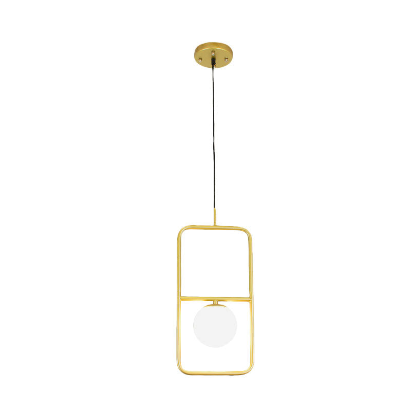 Gold Rectangular Pendant Light Post-Modern 1 Bulb Metal Hanging Light with Ball Milk Glass Shade Clearhalo 'Ceiling Lights' 'Modern Pendants' 'Modern' 'Pendant Lights' 'Pendants' Lighting' 1125170