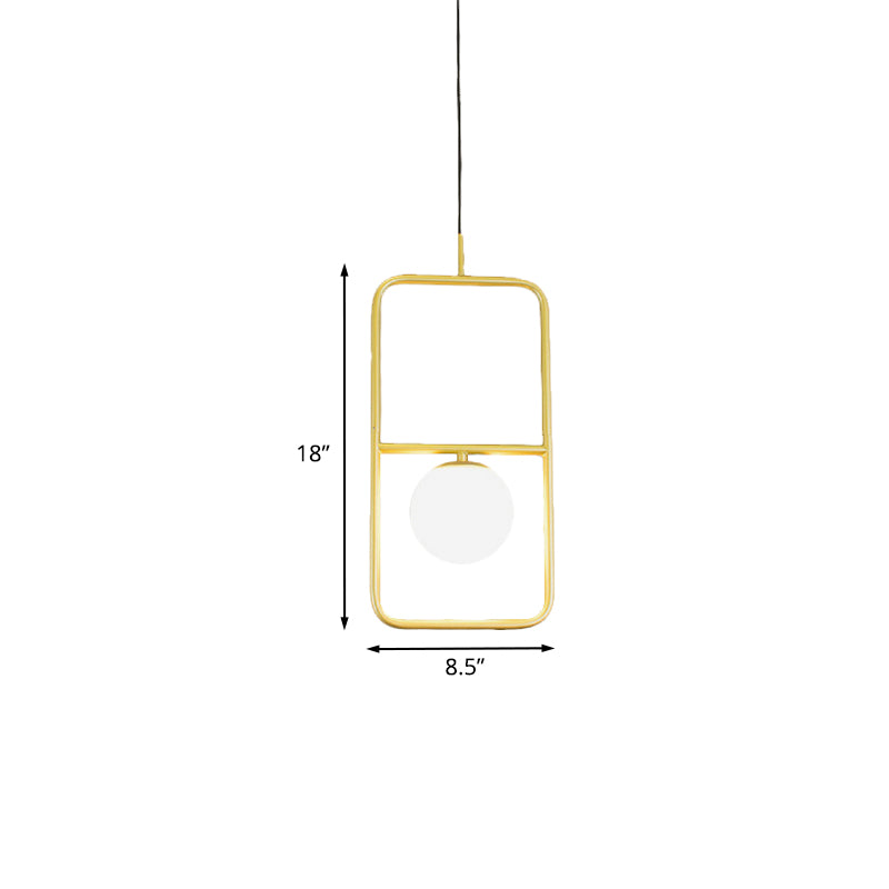 Gold Rectangular Pendant Light Post-Modern 1 Bulb Metal Hanging Light with Ball Milk Glass Shade Clearhalo 'Ceiling Lights' 'Modern Pendants' 'Modern' 'Pendant Lights' 'Pendants' Lighting' 1125171