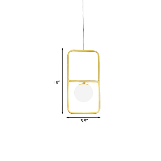 Gold Rectangular Pendant Light Post-Modern 1 Bulb Metal Hanging Light with Ball Milk Glass Shade Clearhalo 'Ceiling Lights' 'Modern Pendants' 'Modern' 'Pendant Lights' 'Pendants' Lighting' 1125171