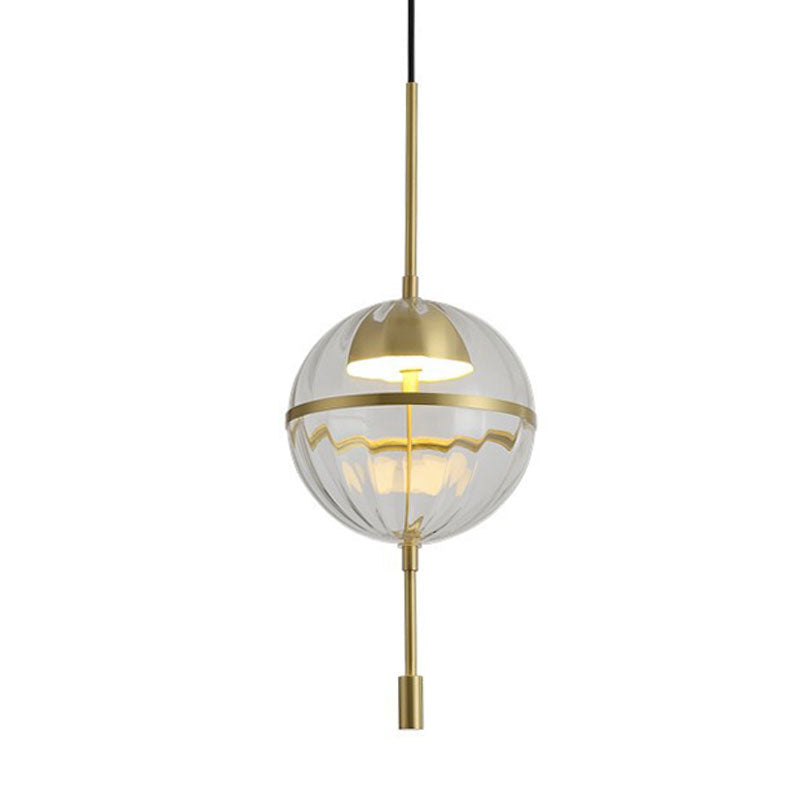 Spherical Ribbed Glass Hanging Light Kit Postmodern Gold LED Ceiling Pendant Lamp Clearhalo 'Ceiling Lights' 'Modern Pendants' 'Modern' 'Pendant Lights' 'Pendants' Lighting' 1125184