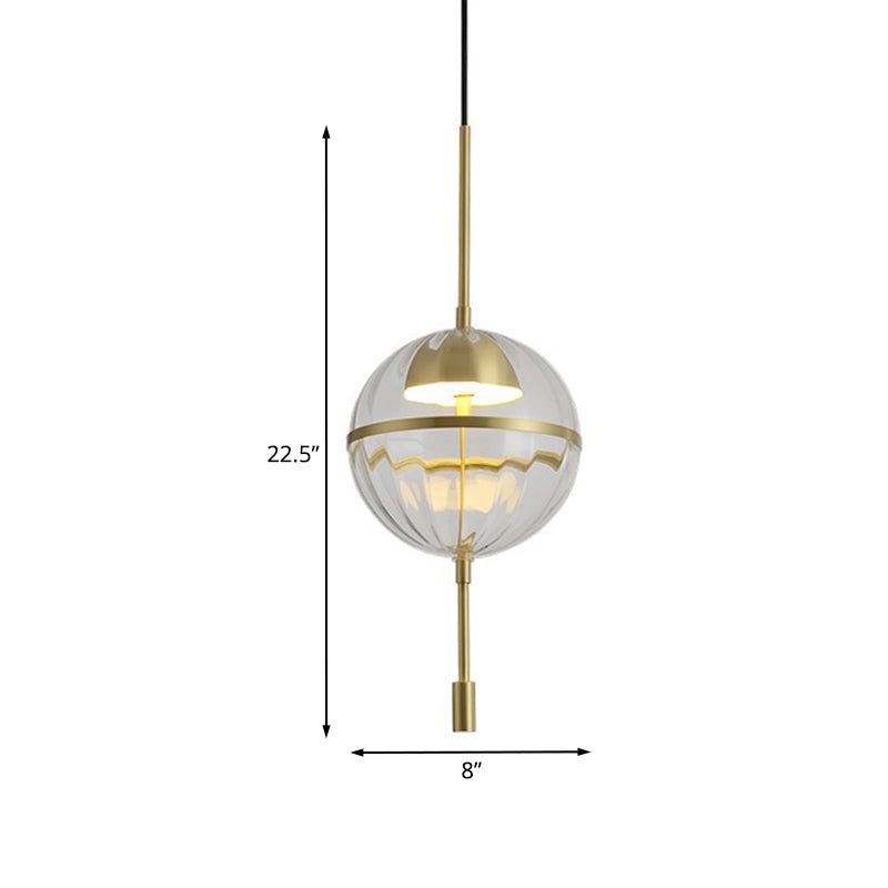 Spherical Ribbed Glass Hanging Light Kit Postmodern Gold LED Ceiling Pendant Lamp Clearhalo 'Ceiling Lights' 'Modern Pendants' 'Modern' 'Pendant Lights' 'Pendants' Lighting' 1125185