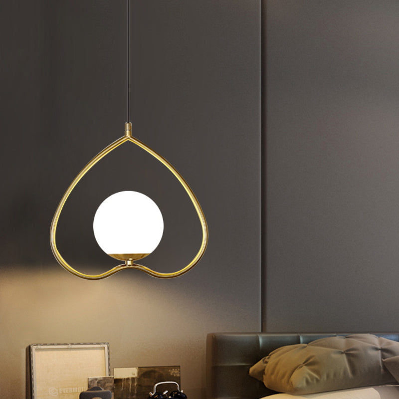 Post-Modern Single Pendulum Light Gold Loving Heart Down Lighting with Metal Frame and Ball Opal Glass Shade Gold Clearhalo 'Ceiling Lights' 'Modern Pendants' 'Modern' 'Pendant Lights' 'Pendants' Lighting' 1125211