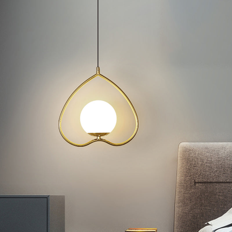 Post-Modern Single Pendulum Light Gold Loving Heart Down Lighting with Metal Frame and Ball Opal Glass Shade Clearhalo 'Ceiling Lights' 'Modern Pendants' 'Modern' 'Pendant Lights' 'Pendants' Lighting' 1125212