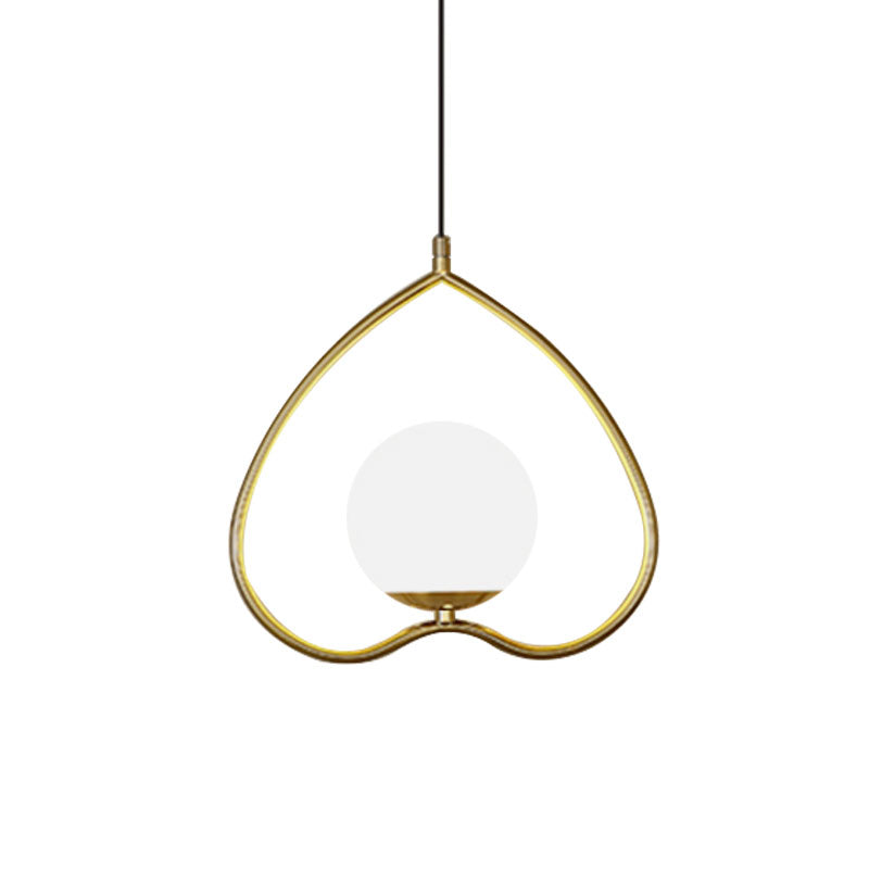 Post-Modern Single Pendulum Light Gold Loving Heart Down Lighting with Metal Frame and Ball Opal Glass Shade Clearhalo 'Ceiling Lights' 'Modern Pendants' 'Modern' 'Pendant Lights' 'Pendants' Lighting' 1125213