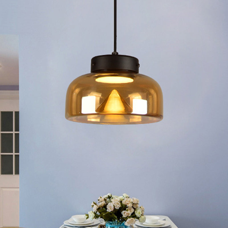 Bedside LED Down Lighting Postmodern Black Pendant Lamp with Bowl Amber Glass Shade Amber Clearhalo 'Ceiling Lights' 'Glass shade' 'Glass' 'Modern Pendants' 'Modern' 'Pendant Lights' 'Pendants' Lighting' 1125239