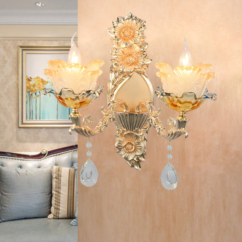 Mid-Century Flower Shade Wall Sconce 2 Heads Crystal Wall Mount Light Fixture in Gold Clearhalo 'Wall Lamps & Sconces' 'Wall Lights' Lighting' 1125250