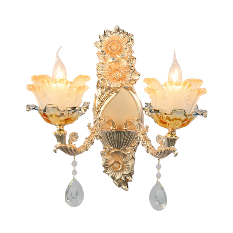 Mid-Century Flower Shade Wall Sconce 2 Heads Crystal Wall Mount Light Fixture in Gold Clearhalo 'Wall Lamps & Sconces' 'Wall Lights' Lighting' 1125251