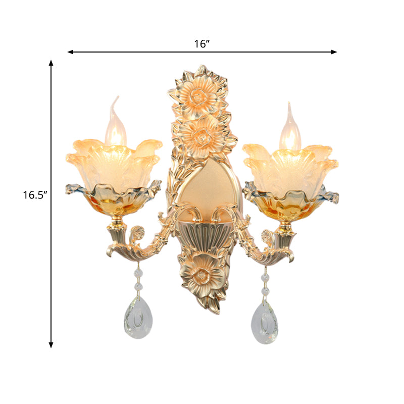 Mid-Century Flower Shade Wall Sconce 2 Heads Crystal Wall Mount Light Fixture in Gold Clearhalo 'Wall Lamps & Sconces' 'Wall Lights' Lighting' 1125252