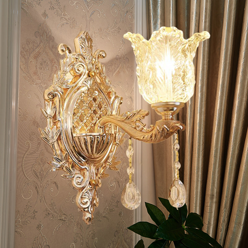 Single Ruffle Glass Wall Light Traditional Gold Floral Shade Bedroom Wall Mounted Lamp Gold Clearhalo 'Wall Lamps & Sconces' 'Wall Lights' Lighting' 1125253