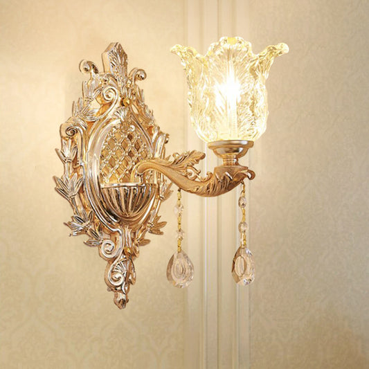 Single Ruffle Glass Wall Light Traditional Gold Floral Shade Bedroom Wall Mounted Lamp Clearhalo 'Wall Lamps & Sconces' 'Wall Lights' Lighting' 1125254