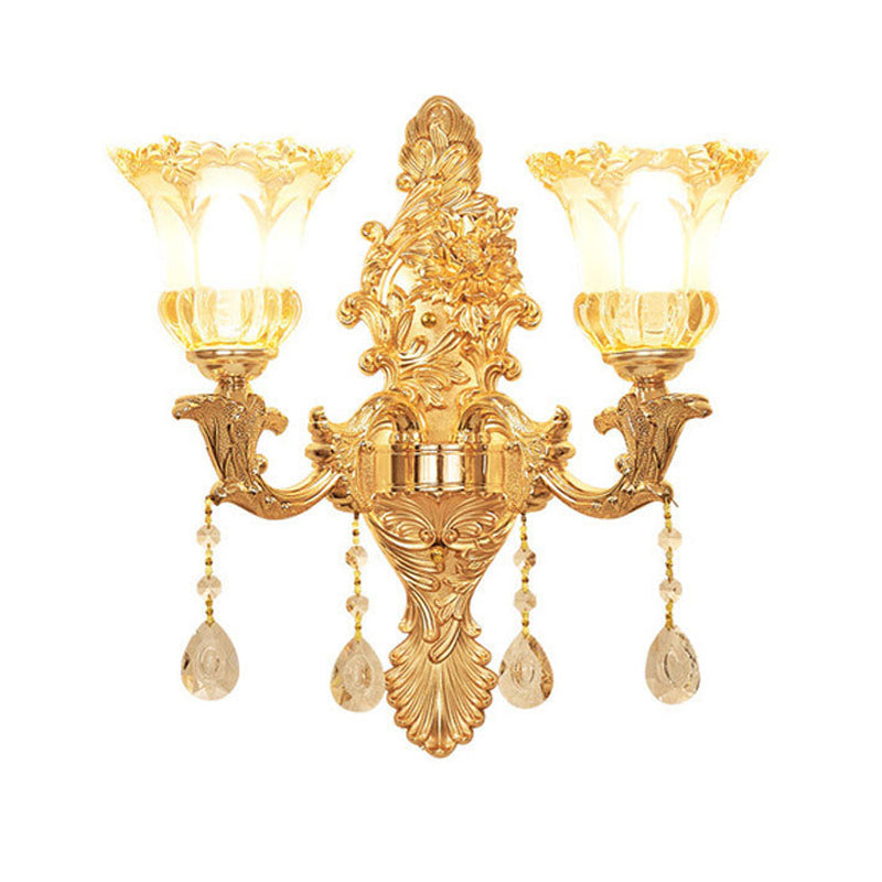 2 Lights Flower Wall Sconce Lighting Mid Century Gold Clear Ruffle Glass Wall Mounted Lamp Clearhalo 'Wall Lamps & Sconces' 'Wall Lights' Lighting' 1125268