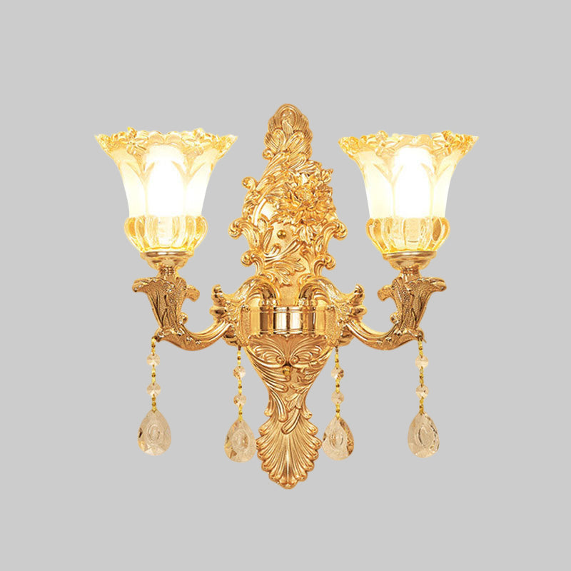 2 Lights Flower Wall Sconce Lighting Mid Century Gold Clear Ruffle Glass Wall Mounted Lamp Clearhalo 'Wall Lamps & Sconces' 'Wall Lights' Lighting' 1125269