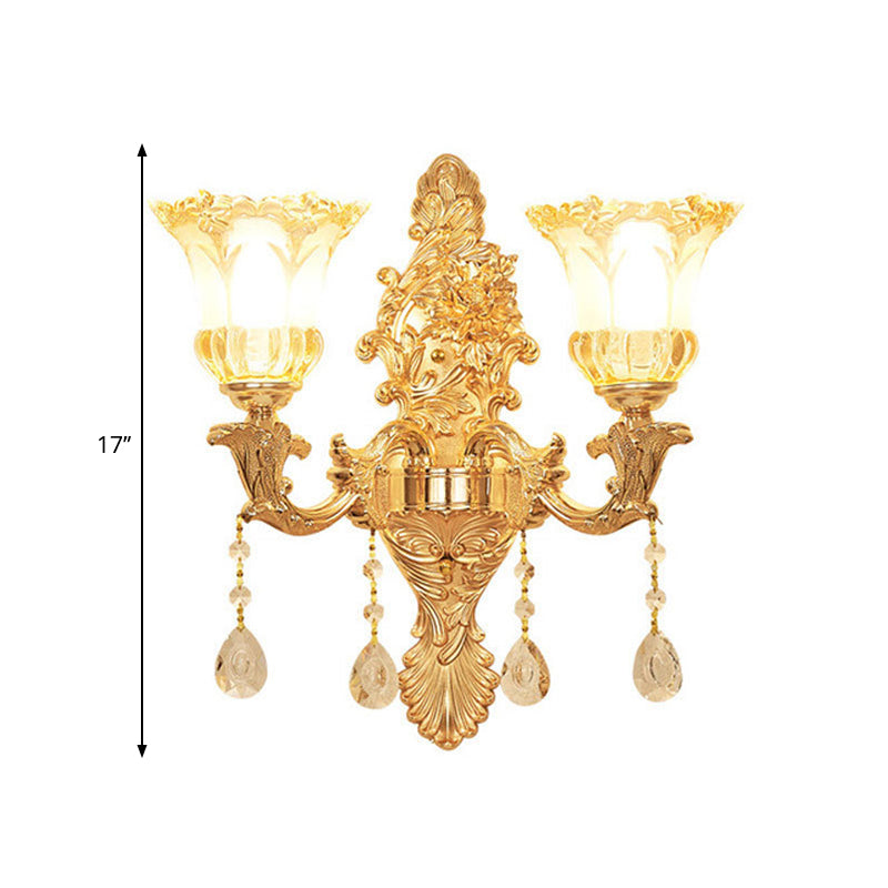 2 Lights Flower Wall Sconce Lighting Mid Century Gold Clear Ruffle Glass Wall Mounted Lamp Clearhalo 'Wall Lamps & Sconces' 'Wall Lights' Lighting' 1125270