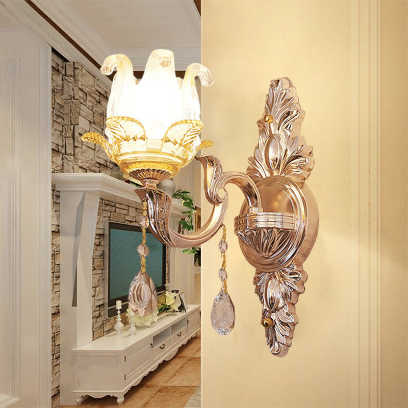 Floral Bedroom Sconce Light Fixture Traditional Single Crystal Glass Wall Lighting Idea in Gold Gold Clearhalo 'Wall Lamps & Sconces' 'Wall Lights' Lighting' 1125271