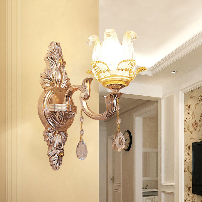 Floral Bedroom Sconce Light Fixture Traditional Single Crystal Glass Wall Lighting Idea in Gold Clearhalo 'Wall Lamps & Sconces' 'Wall Lights' Lighting' 1125272