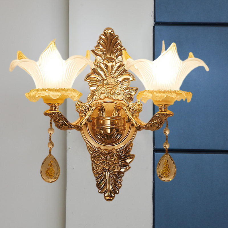 Gold Lily Shade Wall Mounted Lamp Traditional Ribbed Glass 1/2-Bulb Living Room Wall Light 2.0 Gold Clearhalo 'Wall Lamps & Sconces' 'Wall Lights' Lighting' 1125285