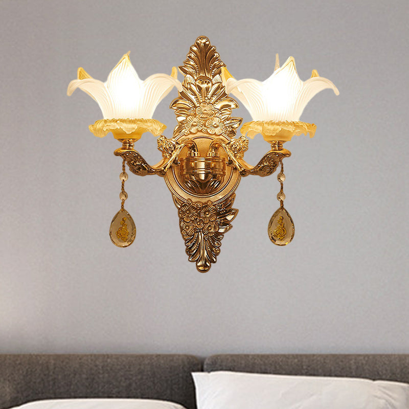 Gold Lily Shade Wall Mounted Lamp Traditional Ribbed Glass 1/2-Bulb Living Room Wall Light Clearhalo 'Wall Lamps & Sconces' 'Wall Lights' Lighting' 1125287