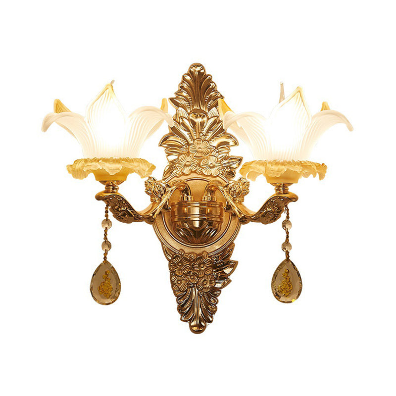 Gold Lily Shade Wall Mounted Lamp Traditional Ribbed Glass 1/2-Bulb Living Room Wall Light Clearhalo 'Wall Lamps & Sconces' 'Wall Lights' Lighting' 1125288