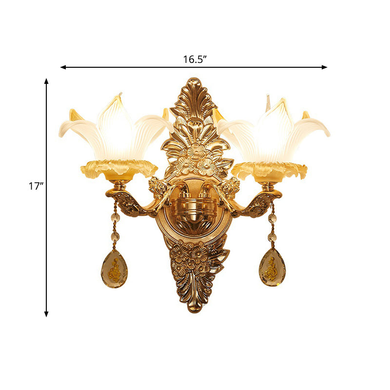 Gold Lily Shade Wall Mounted Lamp Traditional Ribbed Glass 1/2-Bulb Living Room Wall Light Clearhalo 'Wall Lamps & Sconces' 'Wall Lights' Lighting' 1125289