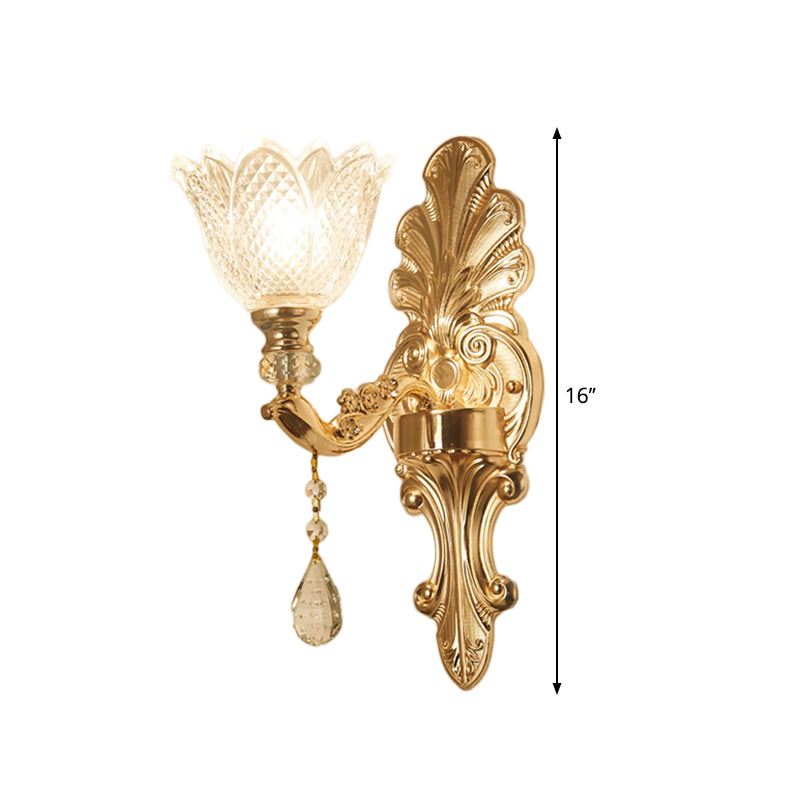 Flower Clear Latticed Glass Wall Lamp Mid-Century 1/2-Light Hallway Wall Sconce Lighting in Gold Clearhalo 'Wall Lamps & Sconces' 'Wall Lights' Lighting' 1125293